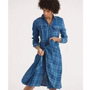 Polo Ralph Lauren Plaid Linen Shirtdress Sarong Wrap Indigo Blue Women's 6